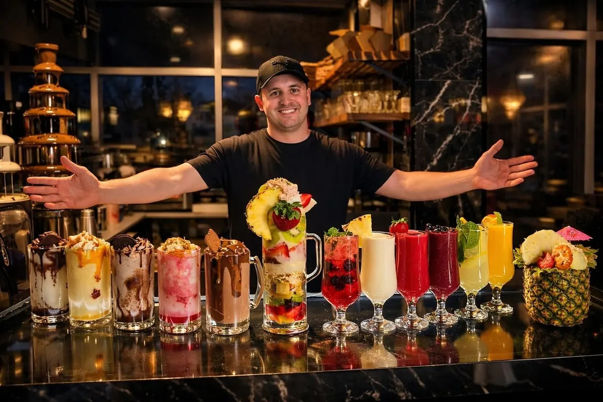 The juice bar with a row of fresh juices, smoothies and shakes